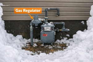 Natural gas meter and regulator emerging from the ground with snow cleared around the regulator to allow proper venting during winter conditions